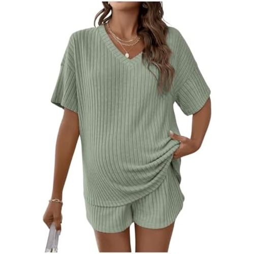 SweatyRocks Women's Maternity 2 Piece Outfits V Neck Short Sleeve Top and Elastic Waist Shorts Set