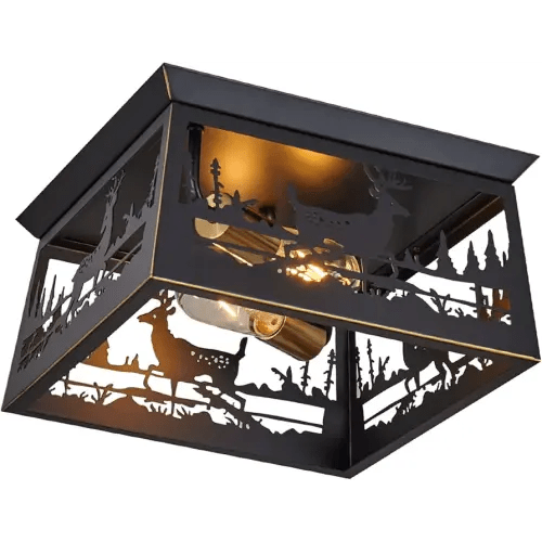 Farmhouse Lighting Flush Mount Ceiling Light Fixture,12.6inch 2-Light Rustic Deer Ceiling Light Fixtures for Hallway Outdoor Porch Entryway Foyer Bedroom Kitchen Lighting (Bulb ​Not Included)