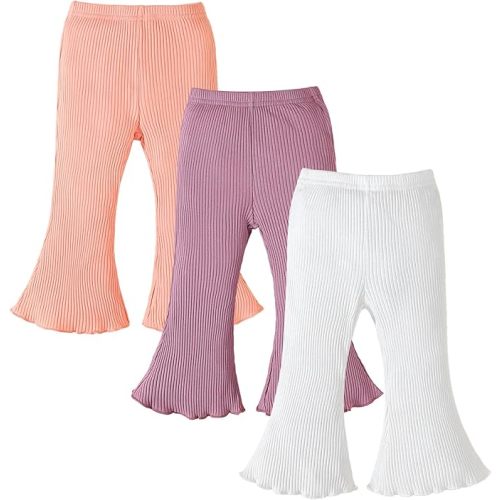 3 Pack Baby Girl Pants: Infant Solid Ribbed Flare Pants Cotton Pull On Bottoms Leggings for Toddler 0-24 Months