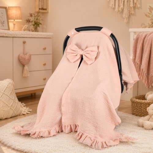 Hooyax Muslin Baby Girl Car Seat Cover – Breathable Summer Car Seat Canopy with Removable Bow & Ruffle, Multi-Functional Stroller Cover & Baby Blanket, Sun Protection, Princess Baby Shower Gift(Pink)