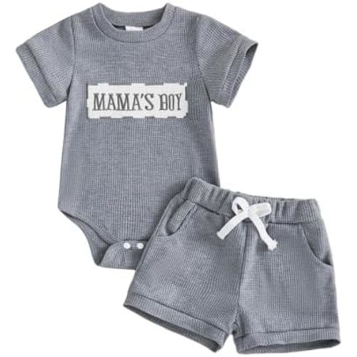 Douhoow Baby Boy Summer Outfits Short Sleeve Mamas Boy Little Dude Embroidery Boy Romper Shorts Set Infant Waffle Clothes