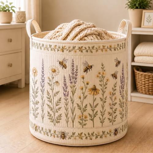 Quilted Laundry Basket, Honey Bee Nursery Laundry Hamper, Custom Fabric Toy Storage Bin, Vintage Wildflower Cottagecore Decor, Room Decor