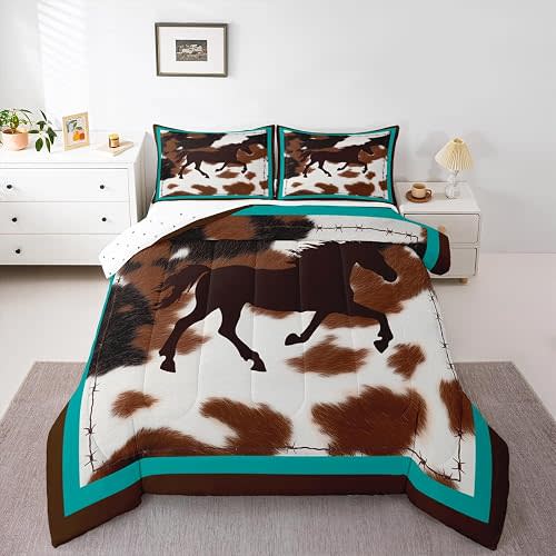 Feelyou Horse Bedding Set Comforter Set Rustic Western Cowboy Cowhide Print Comforter Cover for Boys Girls Bedroom Decor Retro Farmhouse Horse Teal Blue Brown Duvet Set Twin Size with 1 Pillow Case