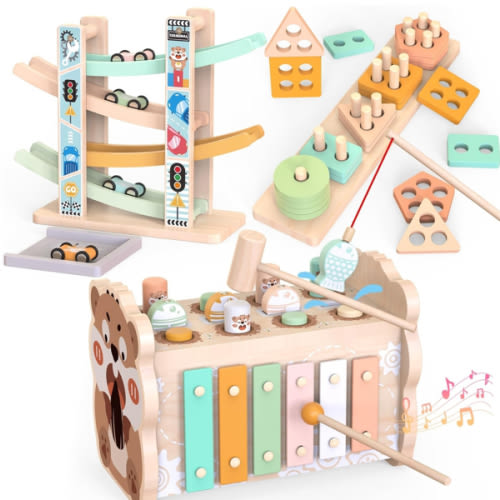 Wooden Montessori Toys for Toddlers 1-3, Baby Pounding Hammering Toy with Xylophone & Fishing Game, Car Ramp Racer, Stacking Blocks & Shape Sorter, 3 in 1 Learning Multi-Activity Set for 1 + Year Old