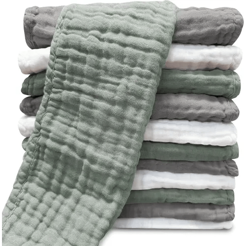 Sunny zzzZZ Muslin Burp Cloths for Baby 100% Cotton Burping Cloths for Unisex, Boy, Girl - Large 20'' by 10'' Newborn Essentials Ultra Soft Absorbent Milk Spit Up Rags - 12 Pack - White+Green+Grey