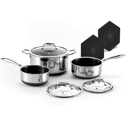 HexClad Hybrid Nonstick 6-Piece Pot Set with 2 Silicone Trivets, 2, 3, and 8-Quart Pots with Tempered Glass Lids, Stay-Cool Handles, Dishwasher-Friendly, Induction Ready, Compatible with All Cooktops
