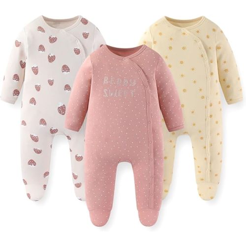 Unisex Baby Boy Girl Footies Rompers Cotton Long Sleeve 3 Pack Infant Jumpsuits 0-12Months Babies' Outfits
