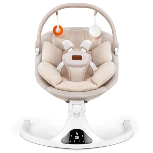Baby Swings for Infants Remote Control Bluetooth Music 5-Speed Beige | 5‑point safety harness, machine washable pad, 12 melodies & Bluetooth, 8/15/30 mins timer, indoor/outdoor use, safety lock