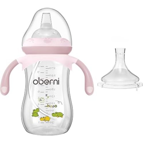 Oberni 9OZ / 270ML No Spill Sippy Cup, Weighted Straw Water Bottle with Handle for 6M+ Baby, BPA Free Toddler Milk Bottle, Pink/1Pack