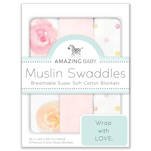 Amazing Baby Muslin Swaddle Blankets for Baby Girls, Newborn Receiving Blanket, 100% Cotton Baby Swaddle Wrap, Set of 3, Watercolor Bliss, Pink