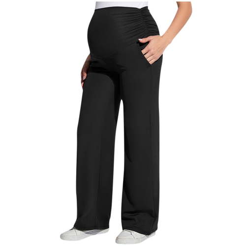 bbymog Women's Maternity Pants Solid Color Elastic Waist Straight Pregnancy Pants with Pocket Maternity Clothes Black B M