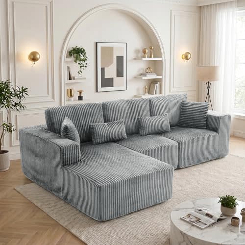 108" Boneless Couch for Living Room, L Shaped Modular Sectional Sofa | Left Facing Chaise/Dark Grey, No Assembly Required, Cloud Memory Foam Sofa, Deep Seat Boneless Couch, Durable Corduroy