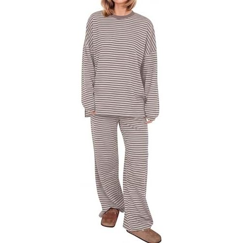 MISSACTIVER Women's 2 Piece Striped Lounge Set Long Sleeve Oversized T-Shirt Wide Leg Pants Matching Pajamas Set