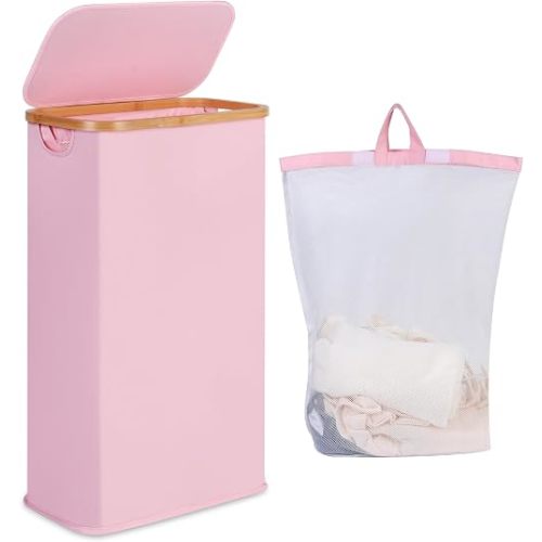 iEGrow 65L Slim Laundry Hamper, Narrow Laundry Basket with Lid,Foldable Clothes Hamper with Bamboo Handles,Hamper Basket with Removable Inner Bag for Laundry Room Bedroom College Dorm,17.17 Gals Pink