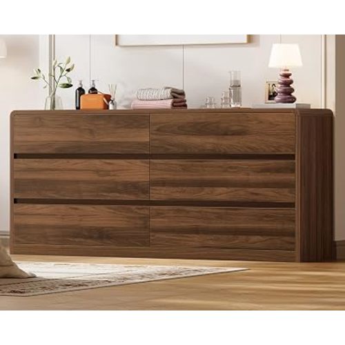 TEENFON 55" Dresser for Bedroom with 6 Drawers, Dressers & Chests of Drawers with Curved Profile Design, 6 Drawer Dresser, Bedroom Dressers, Wood Dressers for Bedroom, Hallway, Walnut