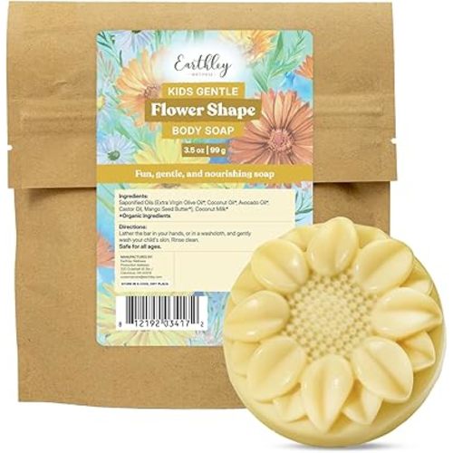Earthley Kids Gentle Body Soap, Natural Coconut Milk Bar Soap for Kids & Babies, Moisturizing Sensitive Skin Cleanser, Organic Oils, Sulfate & Paraben Free, Fun Shaped Bath Soap (1 Pack, Flower)