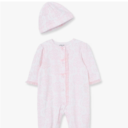 Little Me Clothes for Baby Girls 100% Cotton Scratch-Free Tag Footed One-Piece Romper and Hat Sleeper Set