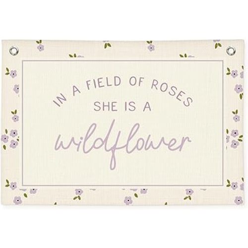 Wildflower Nursery Decor, Girls Room Decor - In a Field Full of Roses She Is a Wildflower Pink Linen Banner Flag for Little Girl Baby Girl - Purple Wildflower