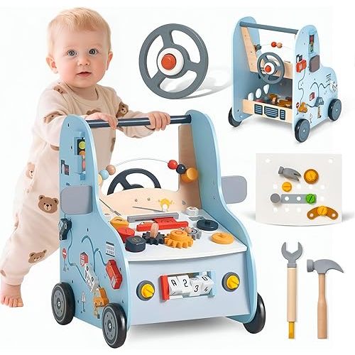 Giant bean Wooden Baby Push Walker with Activity Center – Car Traffic Theme Tool Bench Shape Sorter, Steering Wheel Gears Beads, Montessori Toy for Toddlers 1-3, Walking Push Toy Speed Adjustable