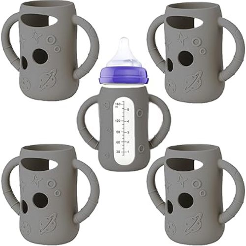4 Pcs Silicone Pink Sleeves for Lansinoh (Old Style) Anti-Colic Glass Baby Bottles, Drop Protection Silicone Covers Compatible with 5 Ounces Lansinoh Glass Bottles, BPA-Free (Gray)