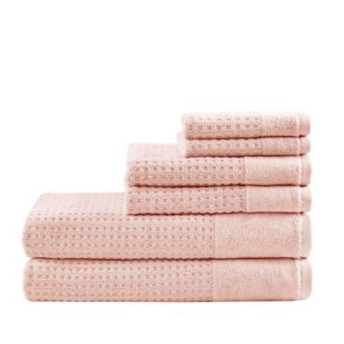6pc Spa Waffle Jacquard Cotton Bath Towel Set Pink: Madison Park, OEKO-TEX Certified, Midweight