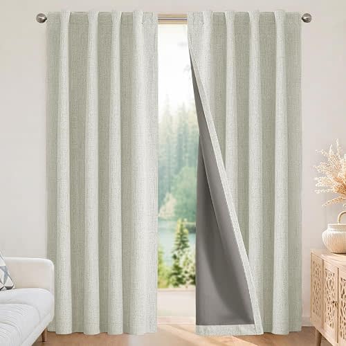 Joydeco Blackout Curtains for Bedroom - 84 Inch Long 100% Light Blocking 2 Panels Light Beige Drapes, Thermal Insulated Room Darkening Curtains, Linen Textured for Living Room, Rod Pocket & Back Tabs