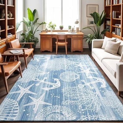 Area Rugs 5'x7', Blue Anchor Nautical Carpet Runner Indoor Outdoor Rugs Home Decor Aesthetic, Coastal Beach Coral Starfish Non Slip Mats Washable Accent Rug for Living Room Bedroom