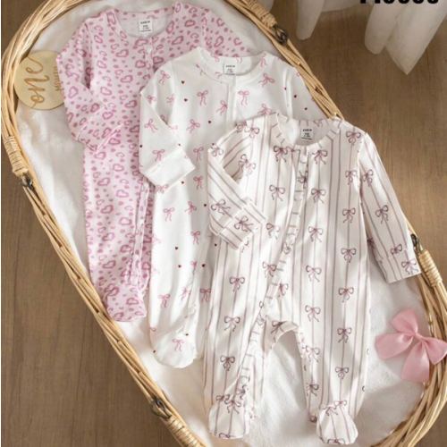 SHEIN Newborn Pink & Purple Minimalist Fashion Sweet Cute Heart & Bow Pattern 3 PiecesSet Long Sleeve Long Jumpsuit Loungewear | SHEIN USA