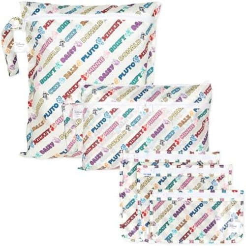 Bumkins - Waterproof Wet Bag, Wet/Dry Clutch & Clear Travel Bags - For Beach, Baby, Travel, Cloth Diapers, Pump Parts, Pool, Gym, Toiletries -Reusable & Easy to Clean -Mickey & Friends Varsity -5 Pack