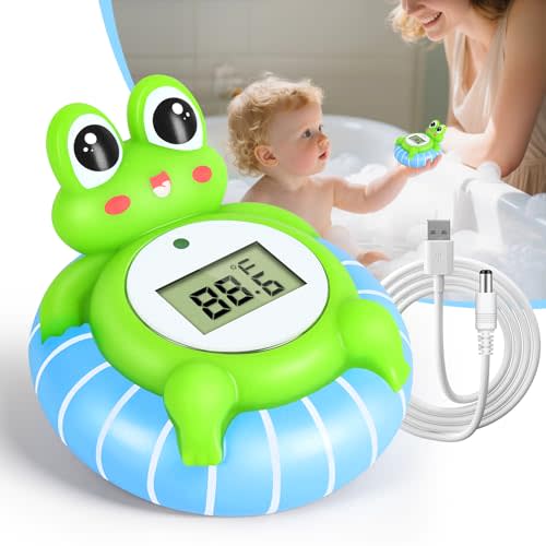 BluSwim Rechargeable Baby Bath Thermometer with Soft Light & Backlit LCD Display, BPA-Free Bath Thermometer Baby Safety Temp Alarm, IP68 Waterproof Floating Bathtub Temperature Toy for Infant, Newborn