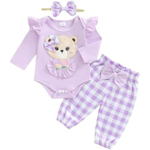 Newborn Infant Baby Girl Outfits Ruffle Bear Long Sleeve Romper Bodysuit Tops Pants Set Cute Fall Winter Clothes