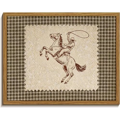 Vintage Western Style-Framed Wall Art, Retro Cowboy Plaid Western Stamp Decorative Painting, Farmhouse Cowboy-Style Canvas Painting, Country Cowboy Wall Art, Suitable for Bathroom/Bedroom and Living Room Wall Decoration 8 x10 Inches