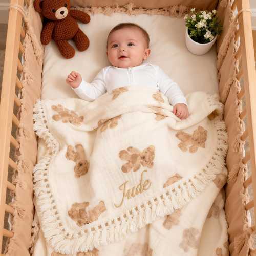 Personalized Teddy Bear Baby Blanket: Embroidered Cotton Newborn Gift