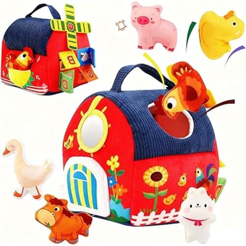 Baby Toys 6-12 Months Montessori Sensory Toy Barn with Stuffed Farm Animals, Rattle, Crinkle for Infants. Portable Learning Gift for 6 Month Old, 1-3 Year Old Toddlers, Christmas Stocking Stuffers