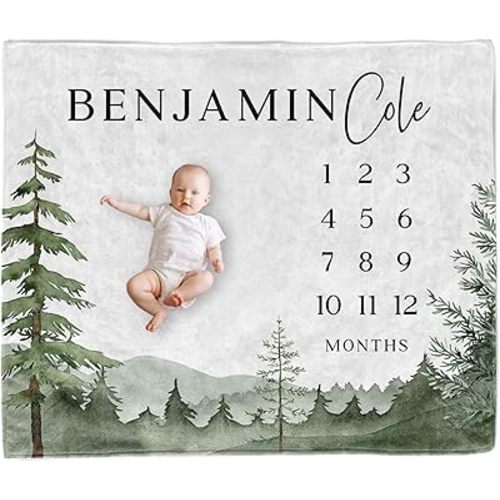 Custom Forest Baby Milestone Blanket, Personalized with Name, Monthly Growth Tracker Photo Prop, Nature Tree Nursery, Newborn Gift for Boy Baby Shower