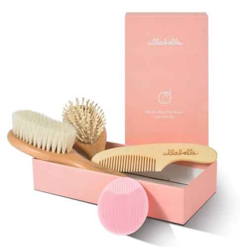 Ullabelle 4 Piece Wooden Baby Hair Brush and Comb Set for Newborns & Toddlers in Chic Gift Box - Ultra Soft Natural Goat Hair and Wood Baby Brush Set Prevents Cradle Cap - Perfect Registry Gift (Pink)
