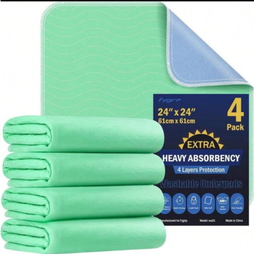 4 Pack 24" X 24" Extra Heavy Absorbency Washable Underpads