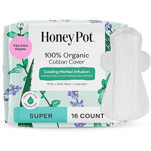 The Honey Pot Company - Herbal Pads for Women - Super w/Wings - Infused w/Essential Oils for Cooling Effect, Organic Cotton Cover, & Ultra-Absorbent Pulp Core - Feminine Care - 16 ct