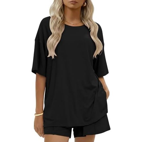 Ekouaer Womens 100% Cotton 2 Pieces Short Sets Summer Short Sleeve Outfits Casual Matching Lounge Set with Pockets