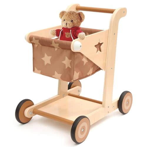 Asweets 2 in 1 Wooden Baby Walker Push and Pull Doll Stroller, Shopping Cart Learning Walker for Boys and Girls, Sit Stand Learning Toddler Toy (Brown)