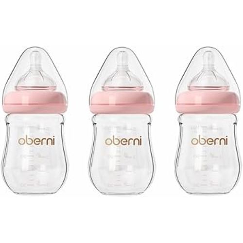 Glass Baby Bottles,Anti Colic Breastfeeding Bottle with Natural Response Nipple Size S,Wide Neck Slow Flow Baby Bottle for Baby,Newborn,Preemie 0-3 0-6 Month,BPA Free (Pink, 5 Ounce，3 Pack)