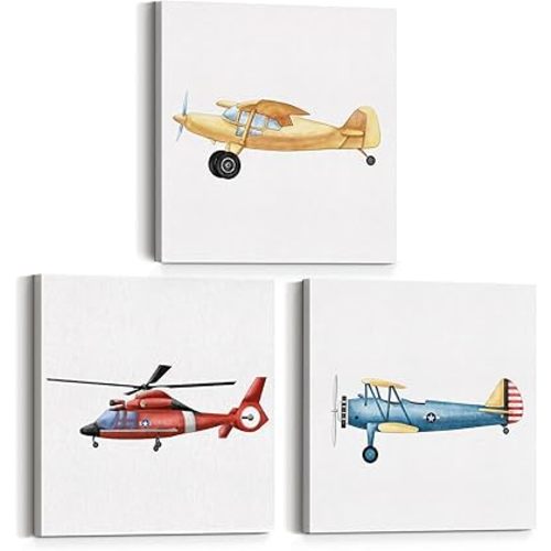 Set of 3 Watercolor Airplane Nursery Transportation Canvas Wall Art Framed Paintings Prints Vintage Plane Aircraft Canvas Posters Pictures Wall Decor for Home Boy Bedroom 12x12 Inch