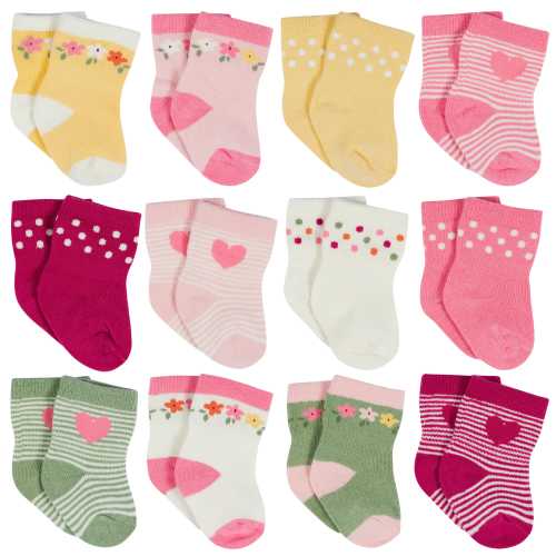12-Pack Baby & Toddler Girls Floral Fox Jersey Crew Wiggle Proof® Socks