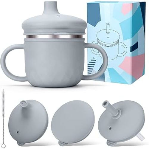 BUSOHA Stainless Steel Toddler Sippy Cup – 8oz Spill-Proof Straw Cup for 6+ Month Babies & Toddlers, 3-in-1 Reusable Travel Cup with Brush – Dishwasher Safe, Kids Drinking Cup,Grey