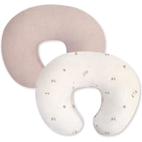 Little Grape Land Muslin Nursing Pillow Covers 2 Pack, 100% Cotton Removable Breastfeeding Pillow Covers, Feeding Pillow Slipcovers for Baby Boys & Girls, (Fog Flower & Rosy)