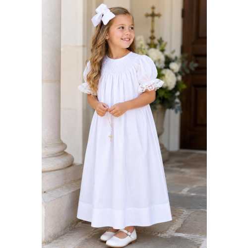 Smocked White Dress with Delicate Lace Sleeves - White Smocking, Flower girl, Baptism, Christening, First Communion, Heirloom, Easter 431 *E