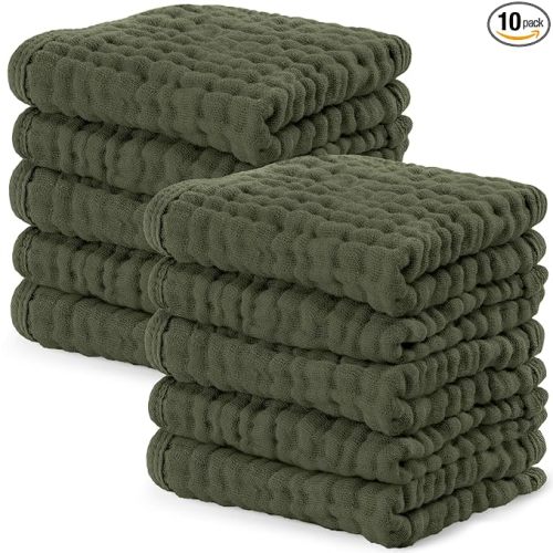 Comfy Cubs Muslin Baby Washcloths 10 Pack - Soft 6-Layer Cotton Wash Cloths for Sensitive Skin - 10"x10" Large, Gentle, Absorbent Infant Essentials for Newborn and Toddlers - Kelp