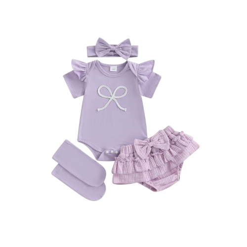 Suealasg Baby Girl Shorts Set Bow Short Sleeve Romper Layered Ruffle Shorts Solid Leg Warmers Bow Headband Summer Outfit