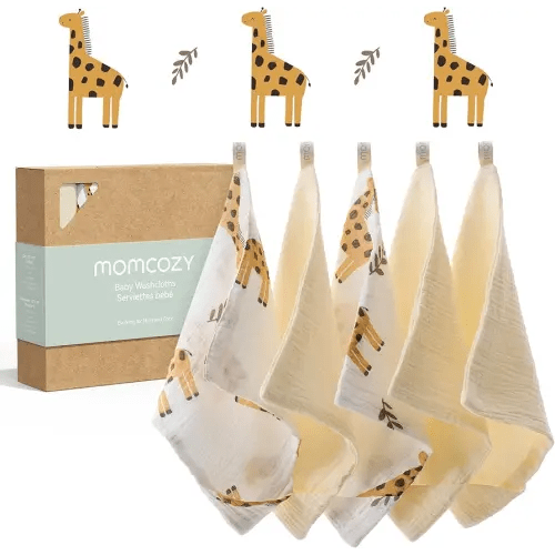 Momcozy Baby Washcloths - 4 Layer Design| Medium Thickness| Premium Cotton for Newborns' Skin-Great for Bathing, Wiping & on-The-go Use, Shower Gift and Essential(5 Pack, 10x10 inch)