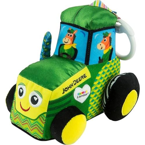 Lamaze John Deere Tractor Car Seat and Stroller Toy - Soft Hanging Toy With High Contrast Colors for Travel - Baby Crinkle Toy Ages 0 Months and Up